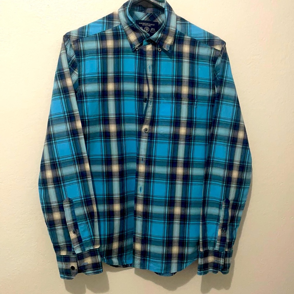 American Eagle Blue Plaid Long Sleeve Shirt XS